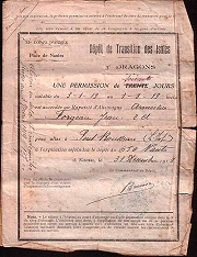 Permission du Rapatrié d'Allemagne Jean Forgeau, vu à la gendarmerie de Pont Rousseau le 25.1.1919